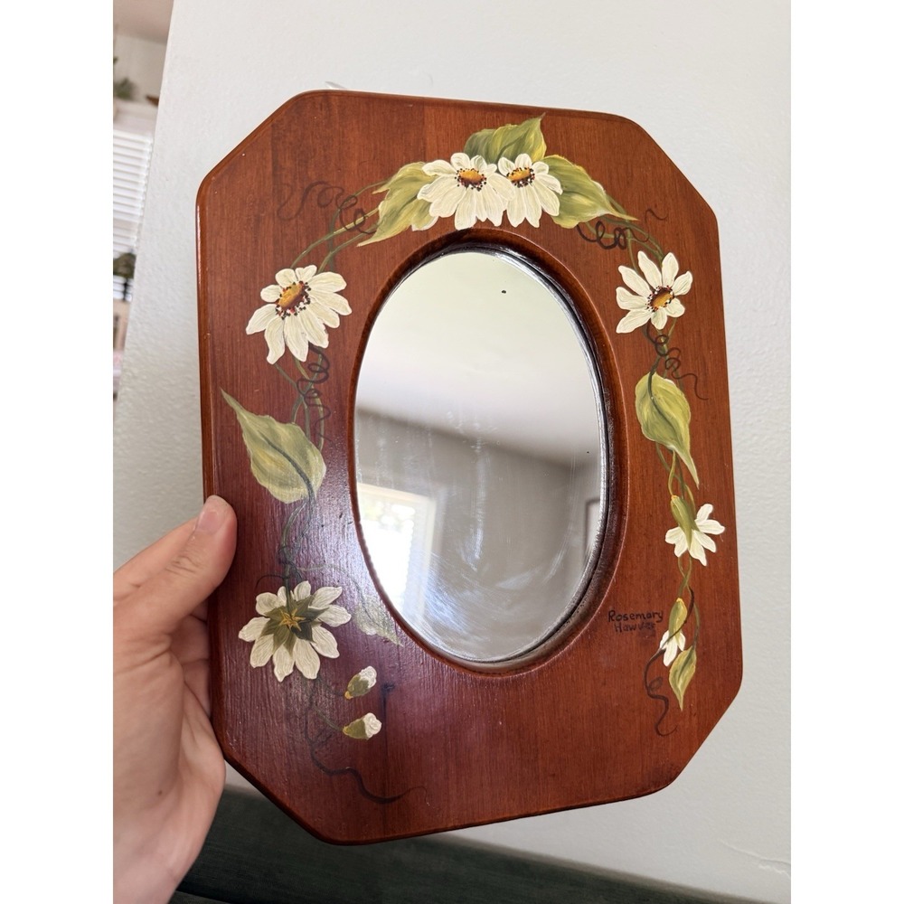 Vintage Hand Painted Floral Framed Wall Mirror Wood Cottage Farmhouse 12x9